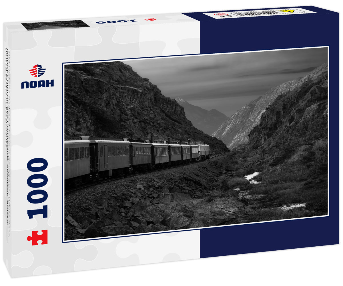 Old Historic Railroad Train is going over White Pass. Moody Colorful Sky Composite. Skagway, Alaska, United States in black white