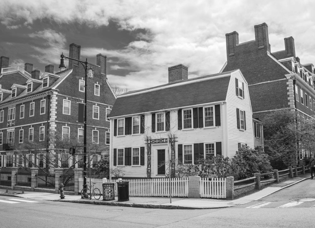 John F Kennedy Street in Harvard University Area of Cambridge reflex in black white