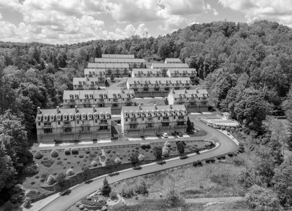 Panorama of a townhome development at Cheat Lake from aerial drone shot near Morgantown, West Virginia in black white