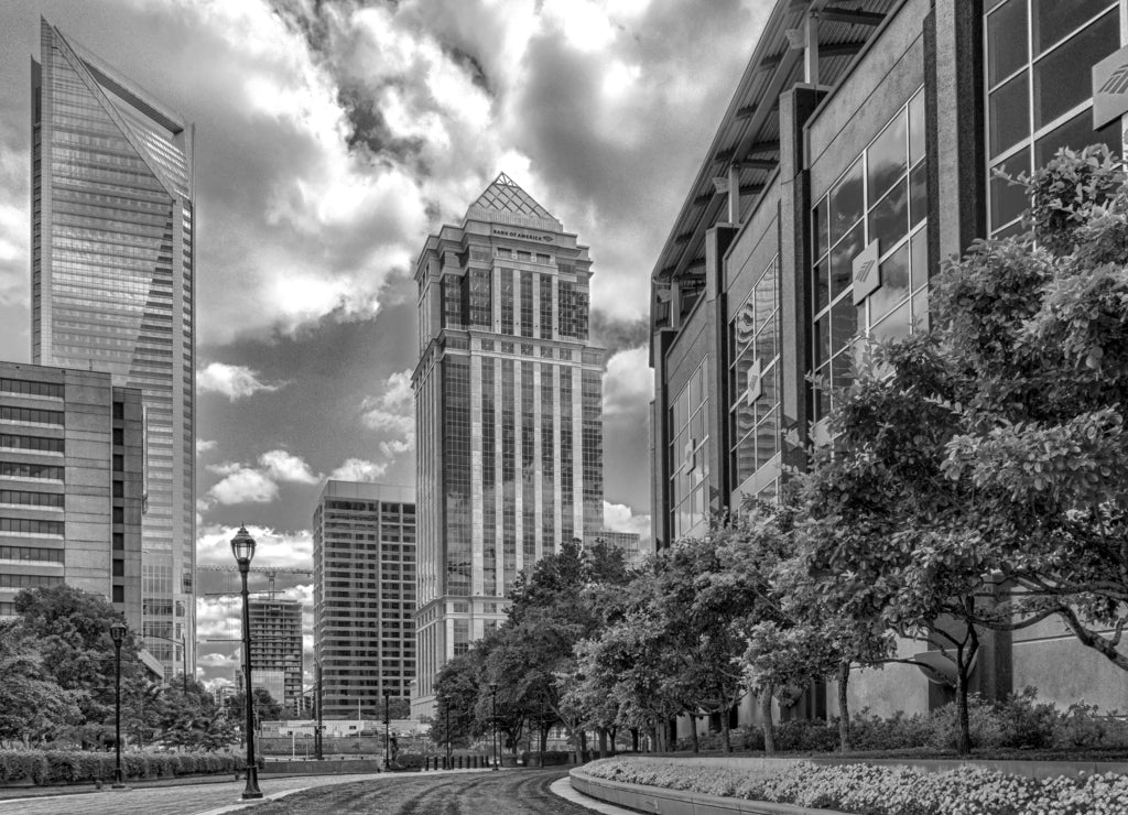 Downtown of Charlotte North Carolina skyline in black white