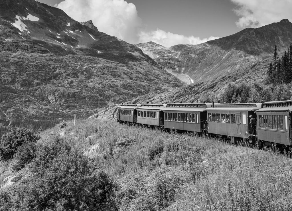 Skagway, Alaska. The scenic White Pass & Yukon Route Railroad in black white