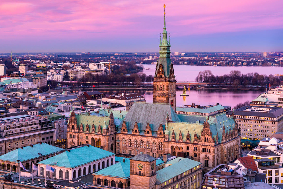 The Hamburg City Hall (German: Rathaus) with downtown and the lake Alster at dusk 2000pc Puzzle