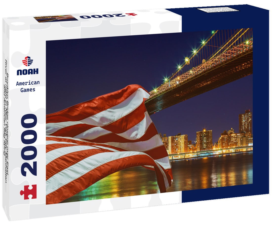 Noah Jigsaw Puzzle Brooklyn Bridge closeup over East River at night in New York City Manhattan and American flag flying 2000 pieces