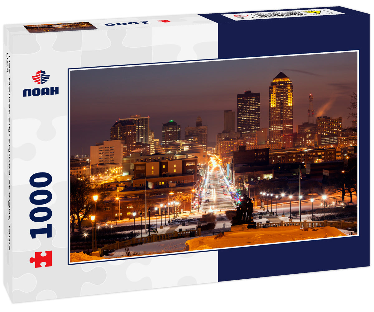 Des Moines city skyline at night, Iowa USA