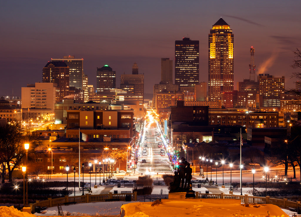 Des Moines city skyline at night, Iowa USA