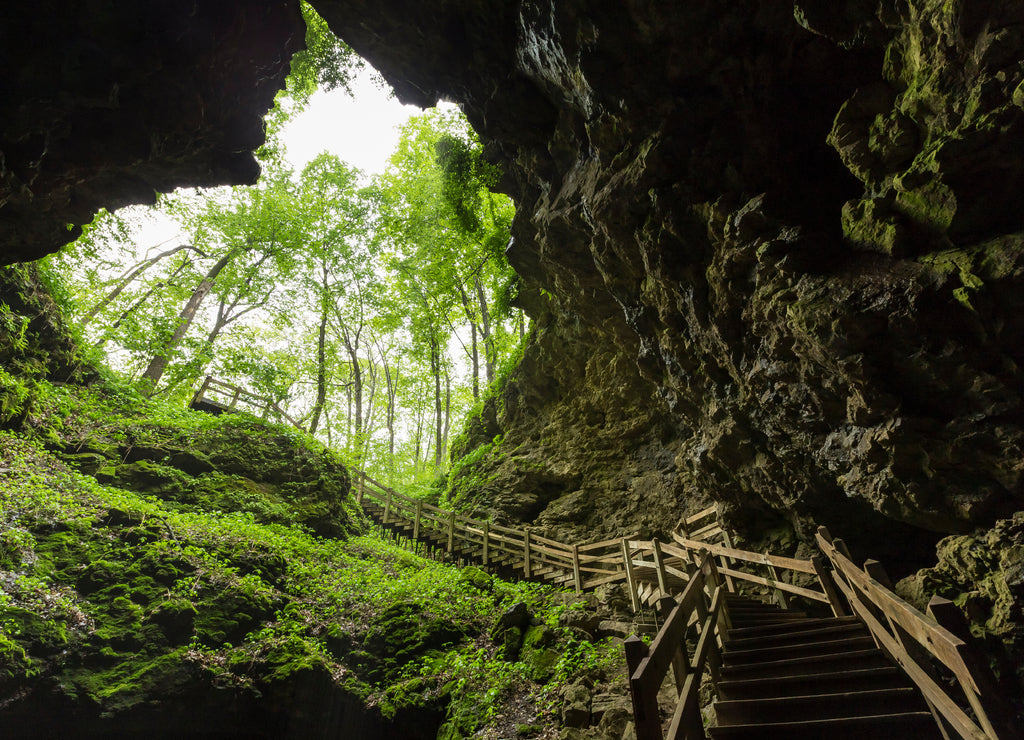 Maquoketa Caves State Park, set of stairs leading out of a cave, Iowa USA