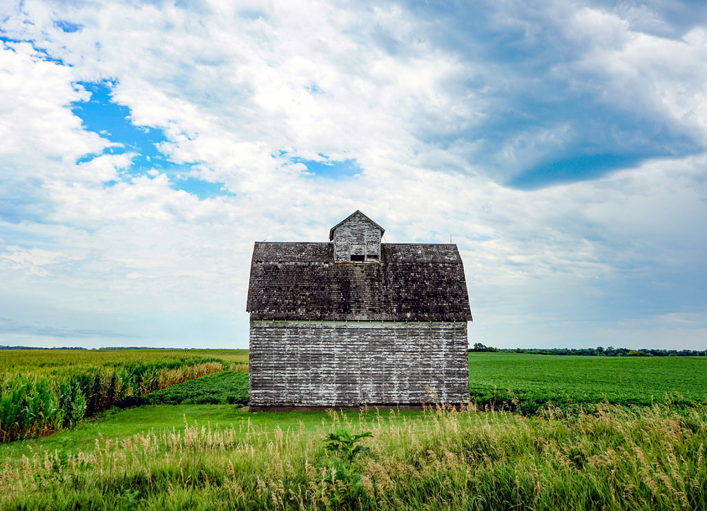 Old barn in the middle of a green field with cloudy sky, rural Iowa USA