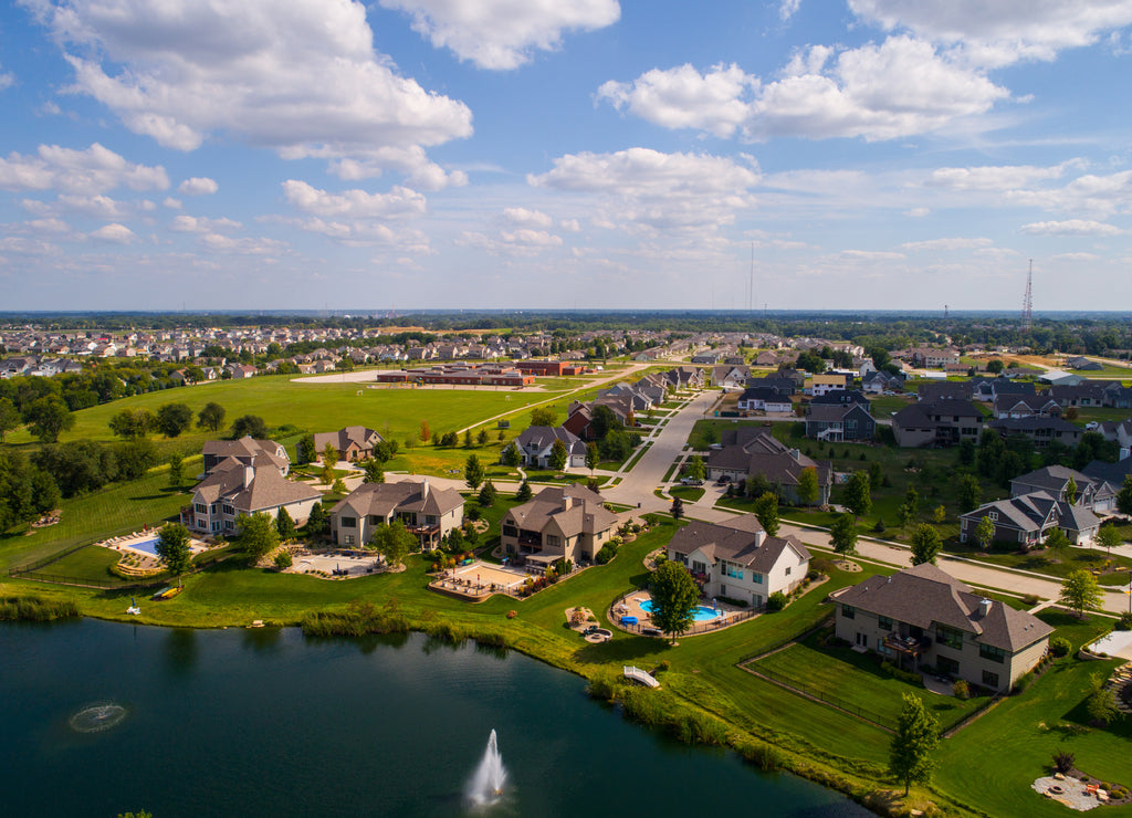 Aerial wiev of residential rural neighborhood in Bettendorf, Iowa USA