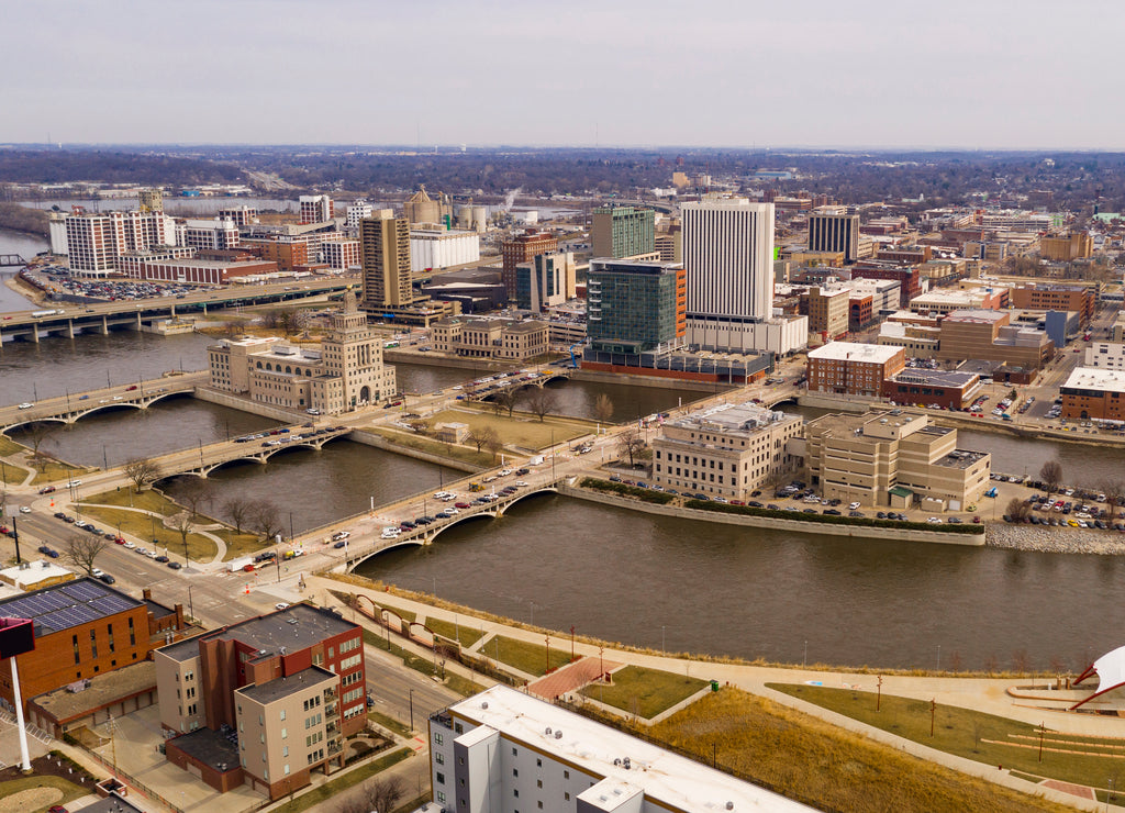 Aerial Perspective of Cedar Rapids Iowa Urban Waterfront
