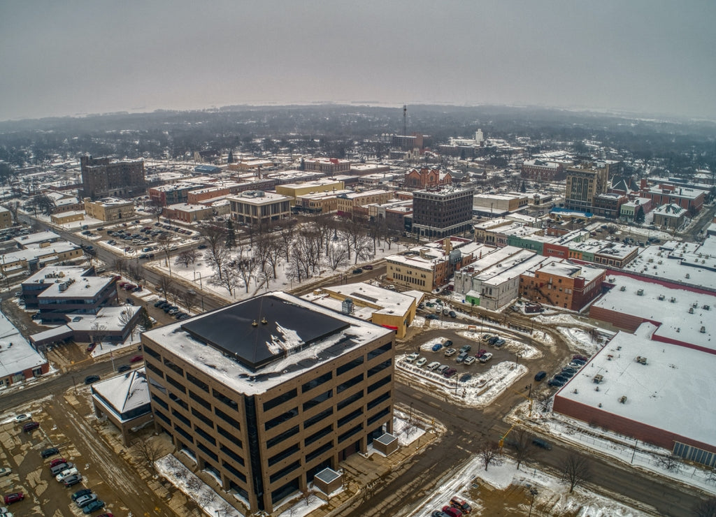 Aerial View of Downtown Mason City, Iowa on a dreary Winter Day