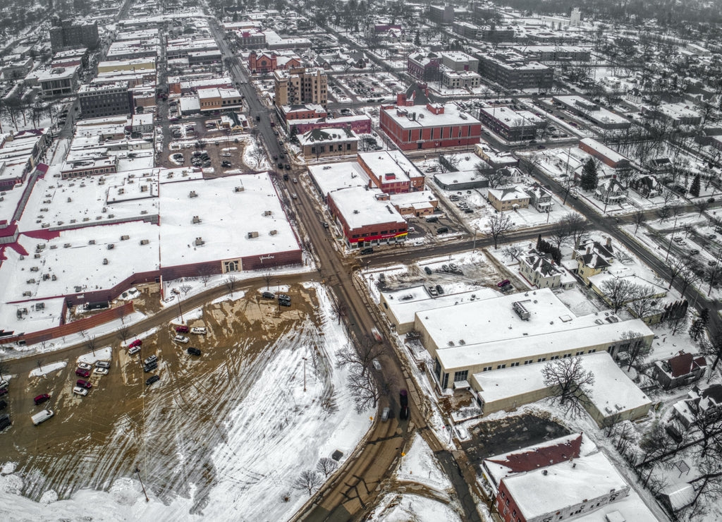 Aerial View of Downtown Mason City, Iowa on a dreary Winter Day