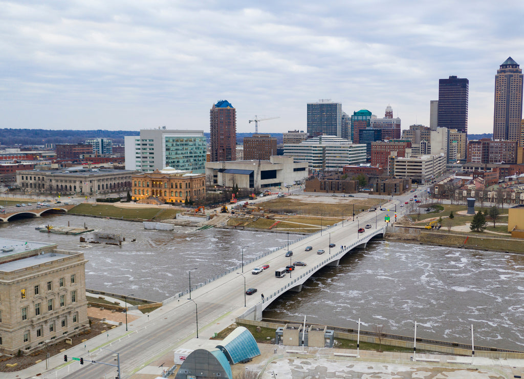 Aerial View Of the Cedar River Running thru a Town in Iowa