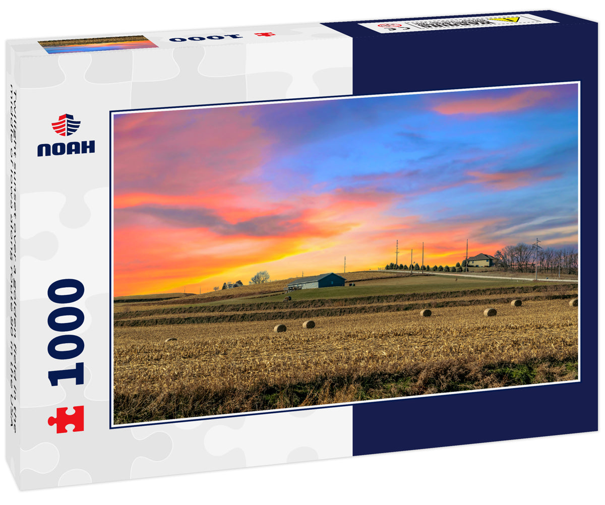 Twilight sunset over a golden field in the middle of Iowa along route 80 in the USA