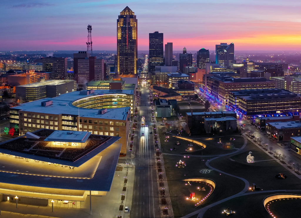 Aerial of Downtown Des Moines at Sunrise Iowa