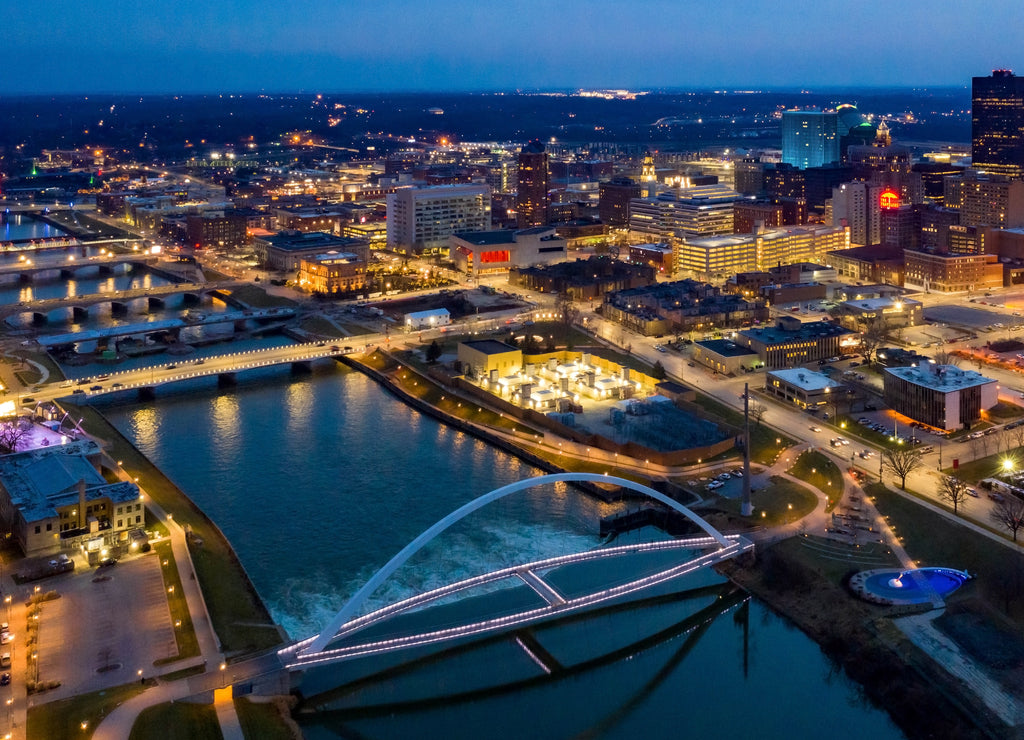 Aerial View of the Des Moines River and Skyline at Night