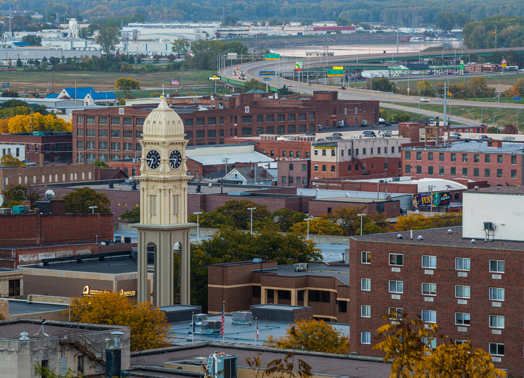 Town Clock Overlooks Mississippi Town Dubuque Iowa