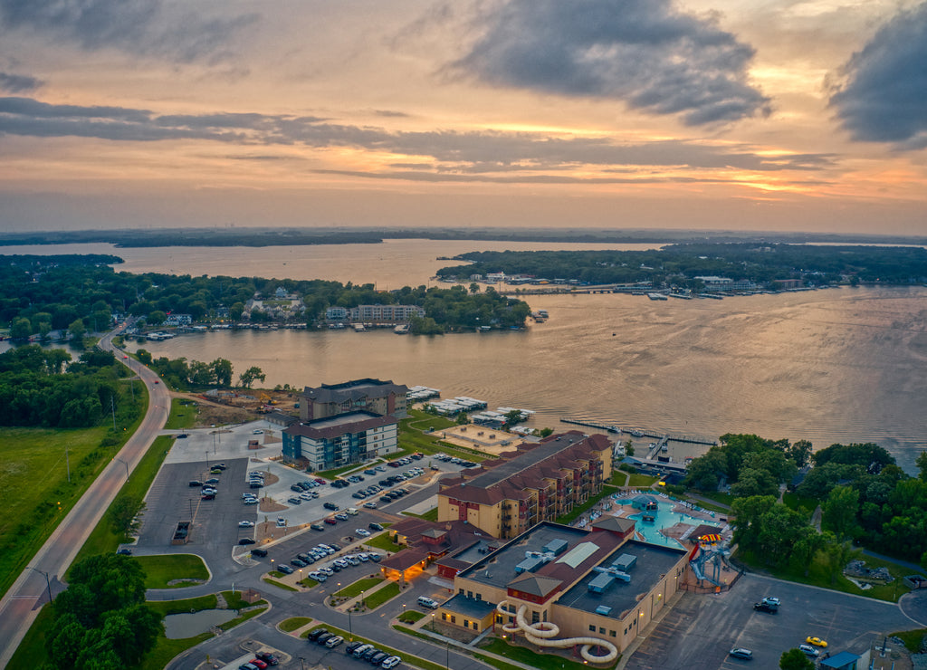Aerial View of Lake Okoboji at sunset in northern Iowa