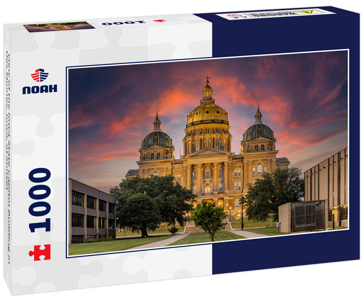 View of the Iowa State Capitol Building in Des Moines, Iowa, at sunset