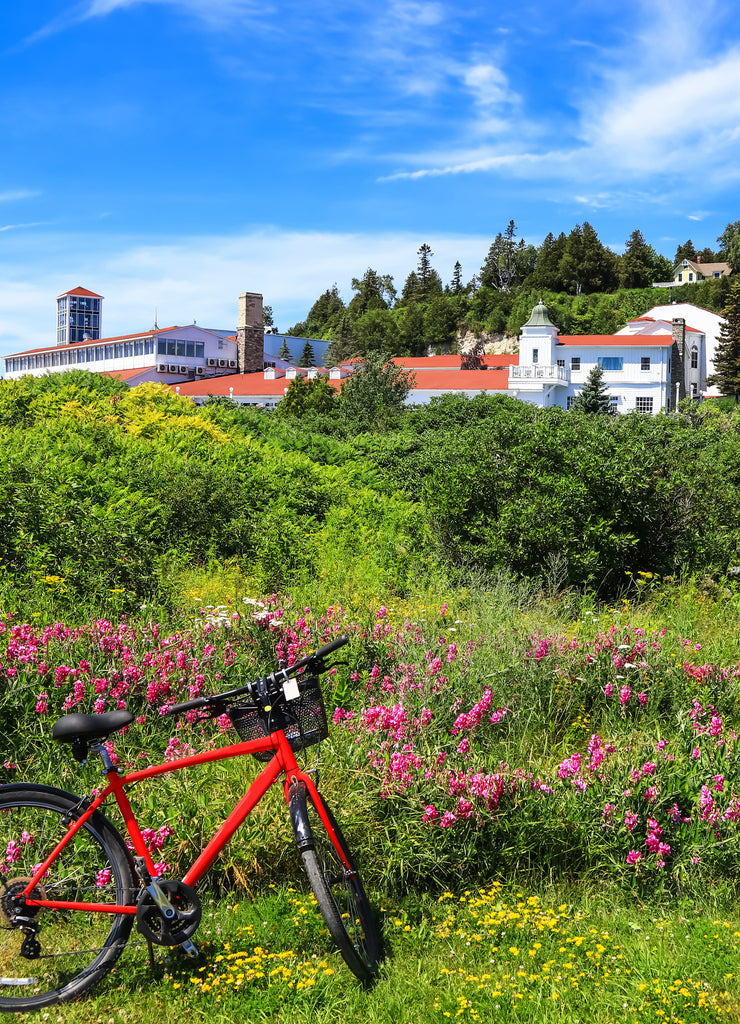 Red bike in front of wild flowers in Mackinac island, Michigan in summer time