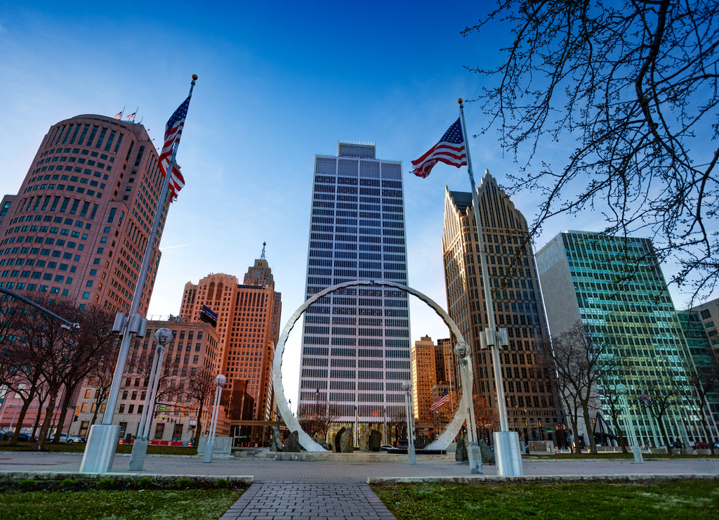 Michigan Labor Legacy Monument on Hart Plaza, Detroit city downtown
