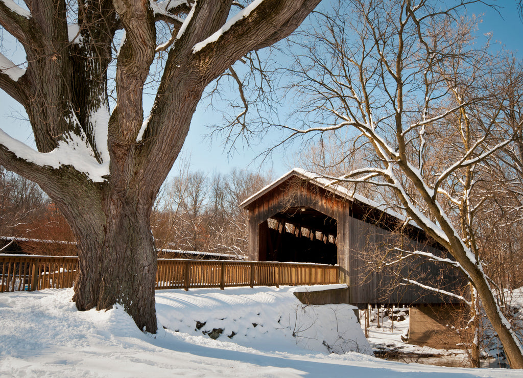 Wintertime at the historic Ada Covered Bridge in Kent County, Michigan