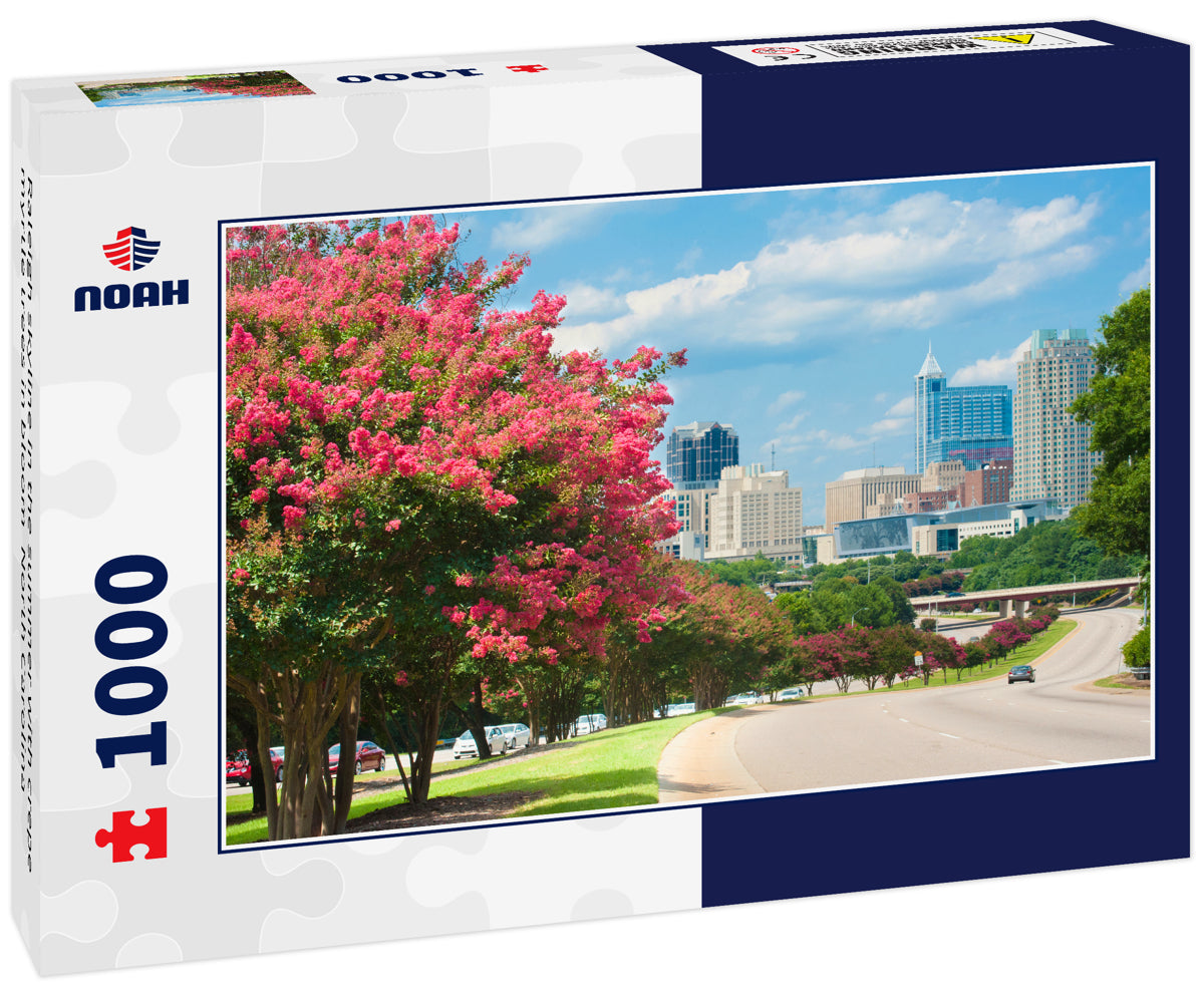 Raleigh skyline in the summer with crepe myrtle trees in bloom North Carolina