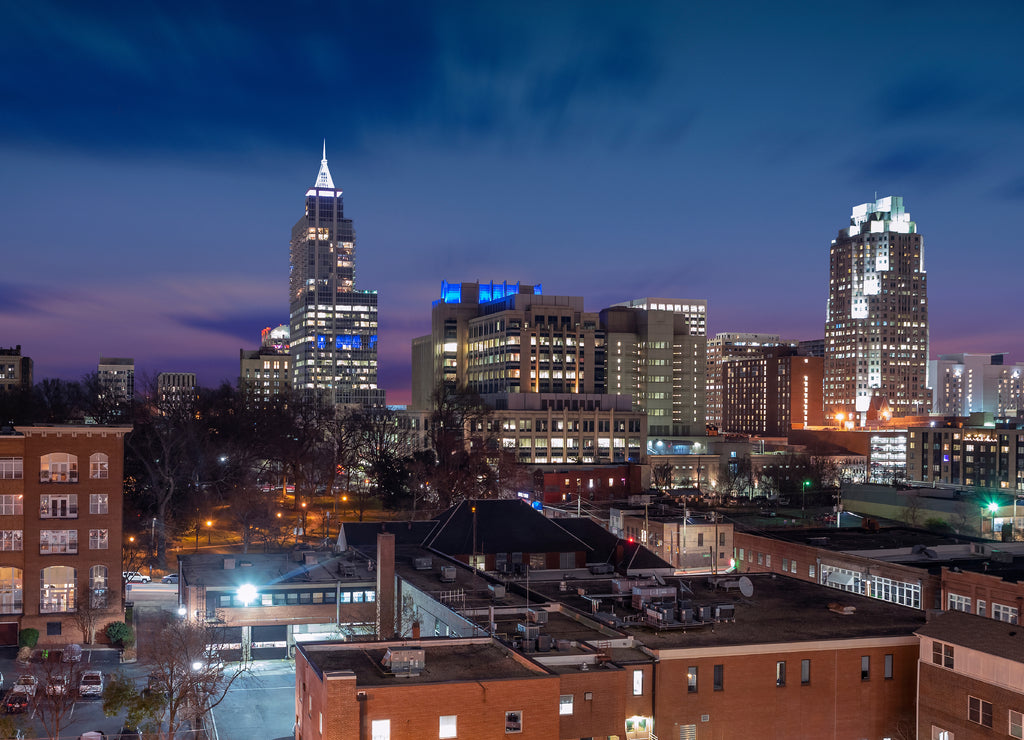 The skyline of Raleigh during a colorful sunset North Carolina