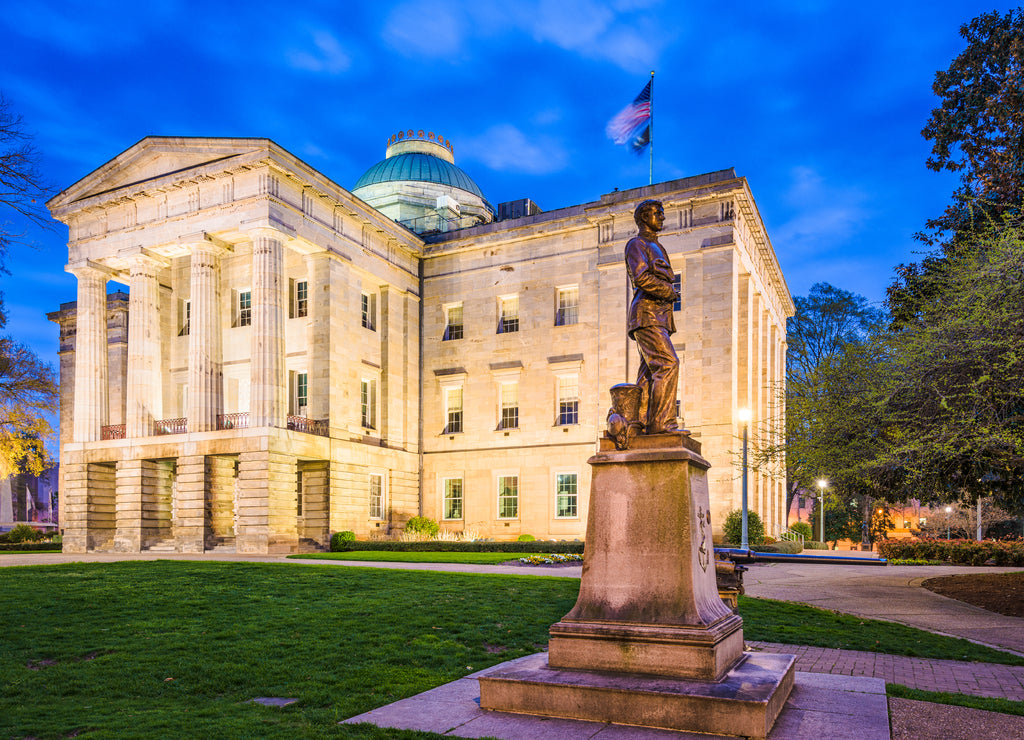 North Carolina State Capitol in Raleigh, North Carolina, USA at twilight