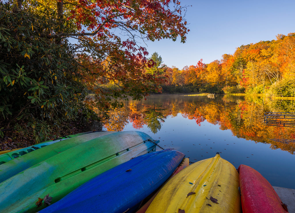 Beached kayaks, Price lake, Blue Ridge Mountains, North Carolina