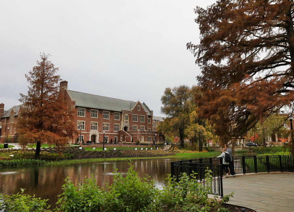 Mirror Lake on the campus of The Ohio State University is a popular landmark. Recent renovations added extensive landscaping