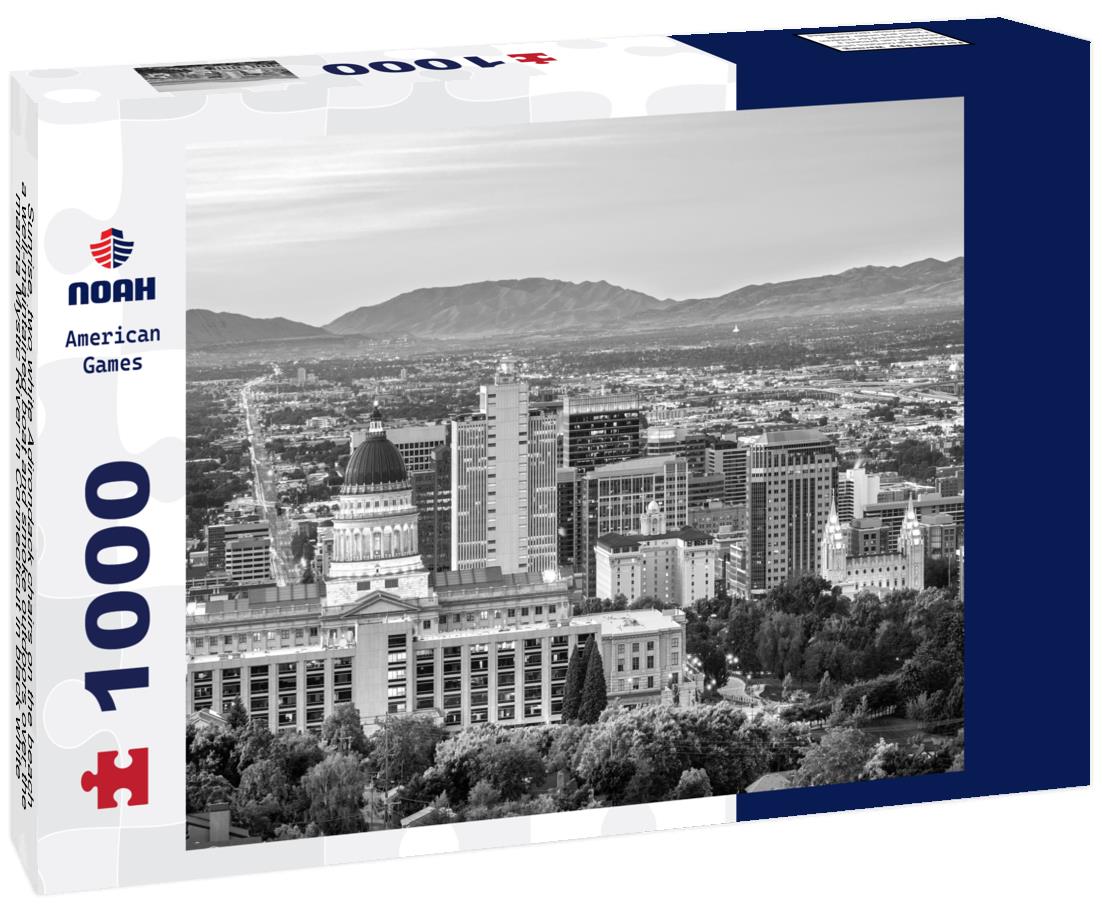 Sunrise, two white Adirondack chairs on the beach, a well-maintained boat and smoke outdoors over the marina Mystic River in Connecticut 1000pc PuzzleBlack and White