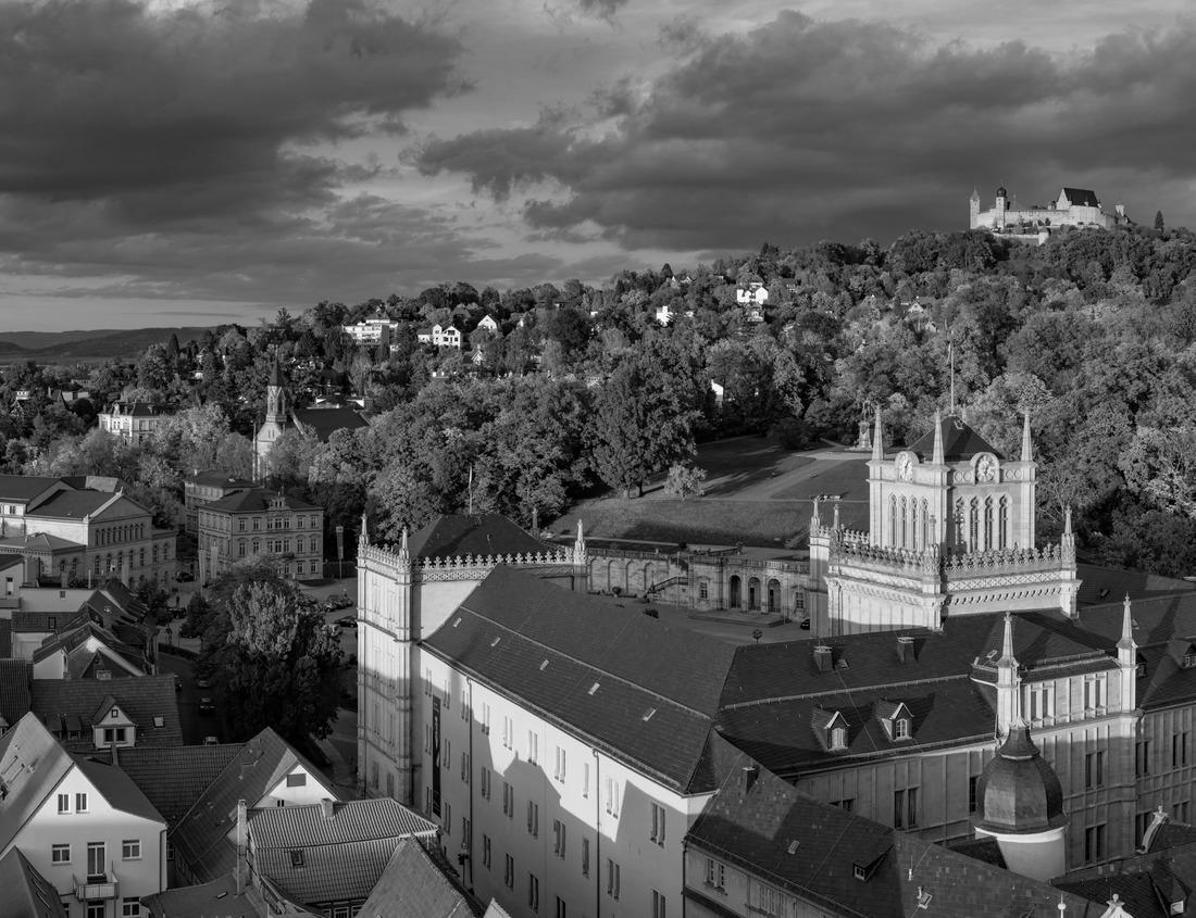 Noah Jigsaw Puzzle Autumn view of the town of Wakefield with sunbeams and church, Quebec, Canada in black white 1000 pieces