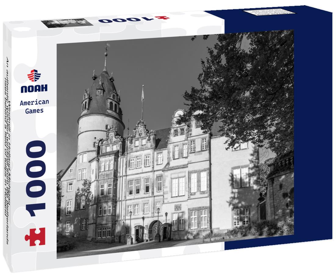 Windmill in Holland Michigan - An authentic wooden windmill from the Netherlands rises behind a field of tulips in Holland Michigan at Springtime 1000pc PuzzleBlack and White