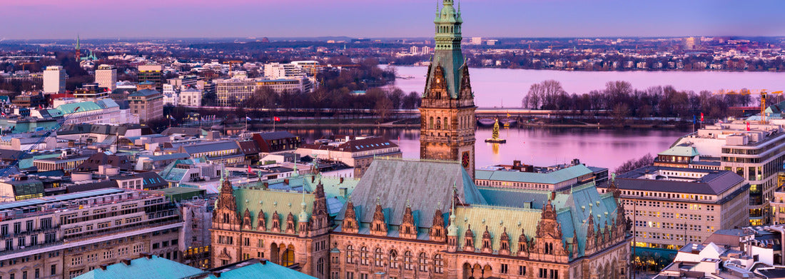 Noah Jigsaw Puzzle The Hamburg City Hall (German: Rathaus) with downtown and the lake Alster at dusk panorama 1000 pieces