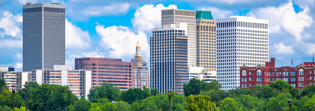 Tulsa, Oklahoma, USA downtown skyline on the Arkansas River at dusk 1000pc Panoramic Puzzle
