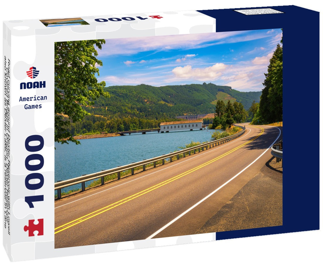 Road curving around Dexter Reservoir with Lowell Covered Bridge in Oregon. Dexter Reservoir, also known as Dexter Lake, is a reservoir in Lane County formed on the Middle Fork Willamette River 1000pc Puzzle