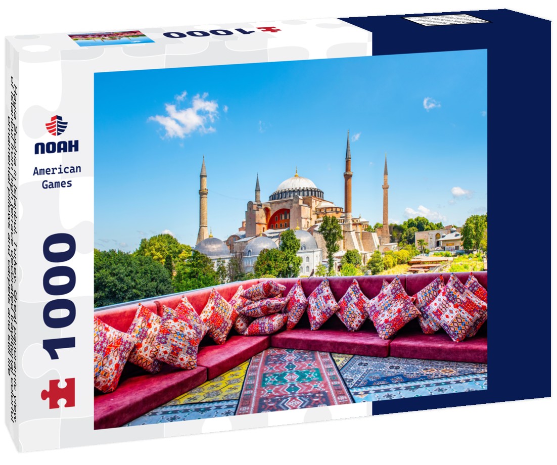 Noah Jigsaw Puzzle Hagia Sophia in Istanbul, Turkey. Great panoramic view of Istanbul from high terrace decorated traditional colorful ornamental pillows and carpets and still life 1000 pieces