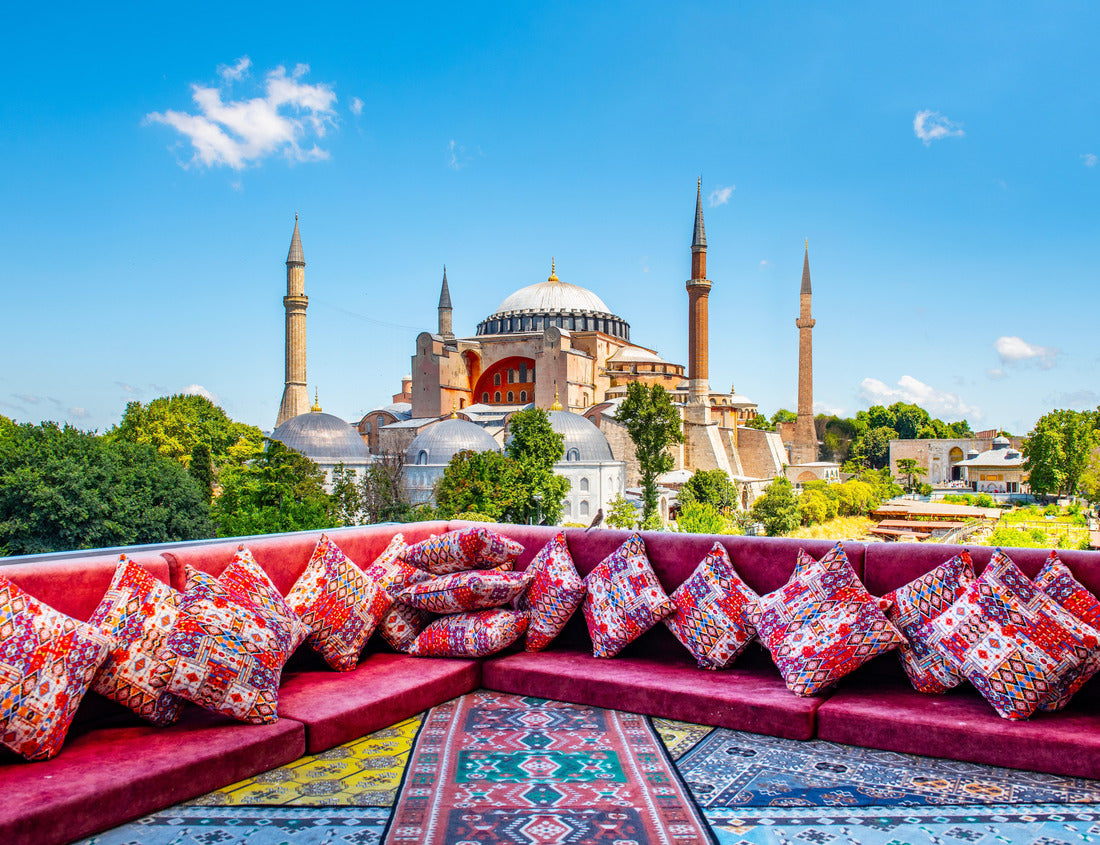 Noah Jigsaw Puzzle Hagia Sophia in Istanbul, Turkey. Great panoramic view of Istanbul from high terrace decorated traditional colorful ornamental pillows and carpets and still life 1000 pieces
