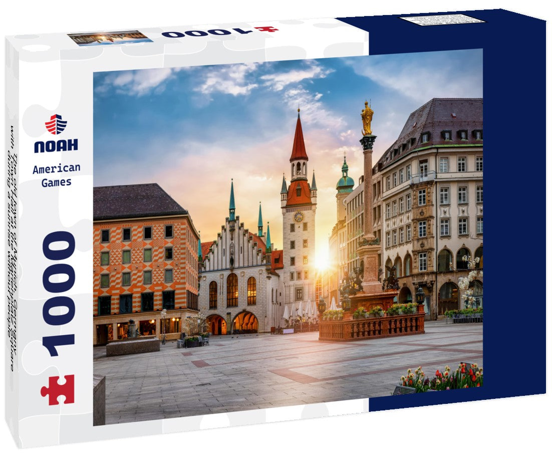 The old town of Munich, Germany, with Town Hall at the Marienplatz Square during a sunrise without people 1000pc Puzzle