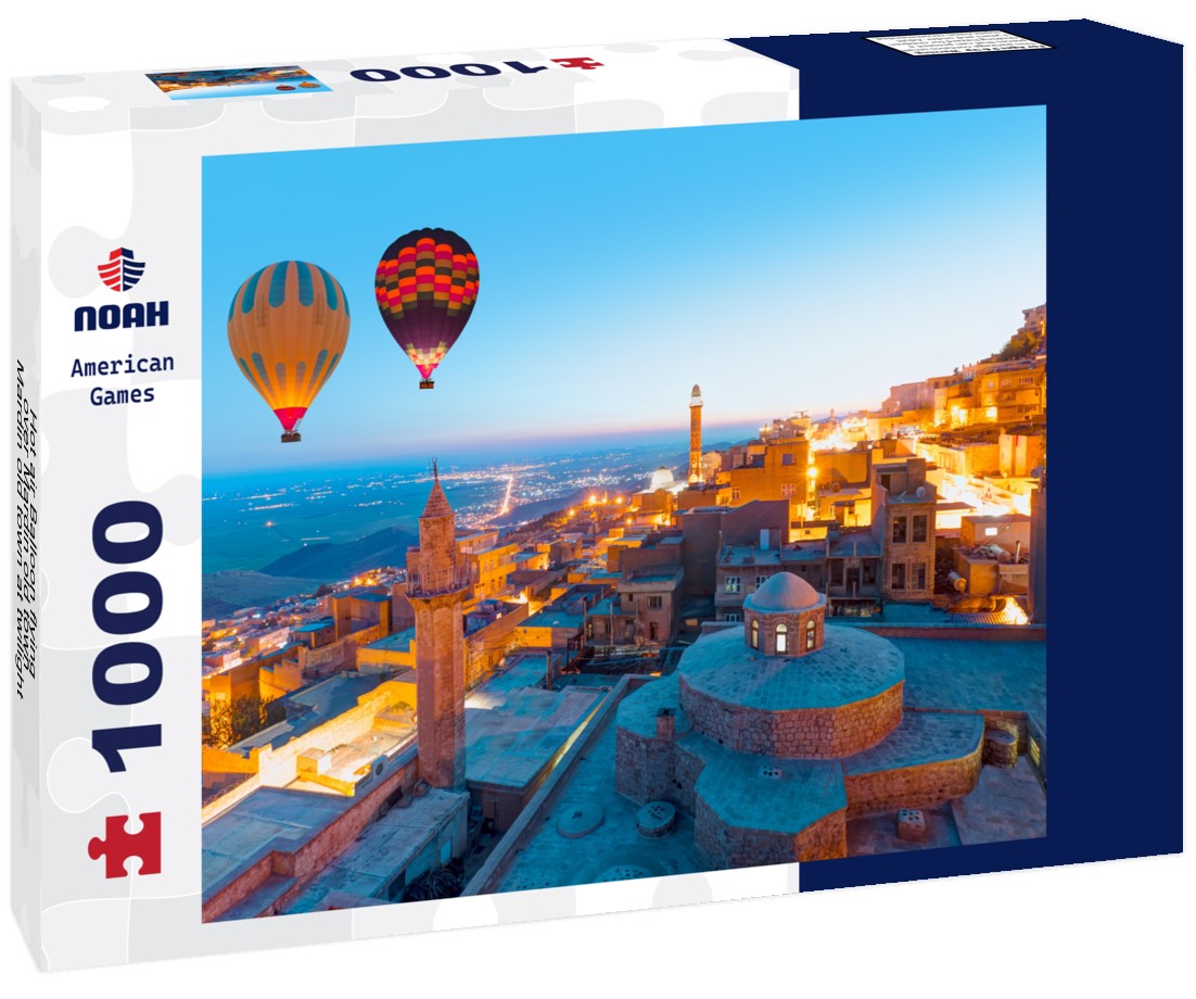 Noah Jigsaw Puzzle Hot air Balloon flying over Mardin old town - Mardin old town at twilight blue hour - Mardin, Turkey 1000 pieces
