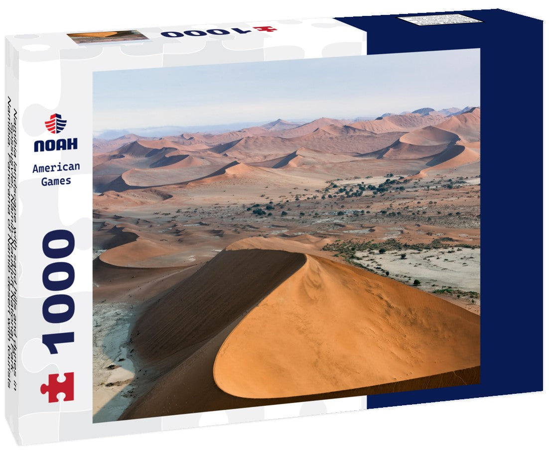 Noah Jigsaw Puzzle Namibia landscape with sand hills and dunes in Sossusvlei, Namib-Naukluft National Park, Namibia. Panorama of Namib desert with tourists walking up to red sand dunes at sunrise 1000 pieces