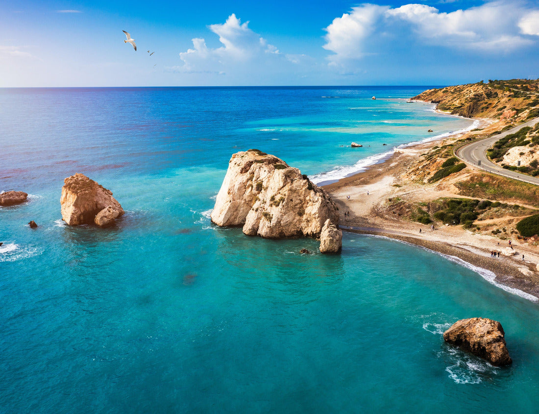 Petra tou Romiou (Aphrodite's Rock) the birthplace of Aphrodite, Paphos, Cyprus. Aerial view of Petra tou Romiou, aka Aphrodite's rock a famous tourist travel destination landmark in Paphos, Cyprus 1000pc Puzzle