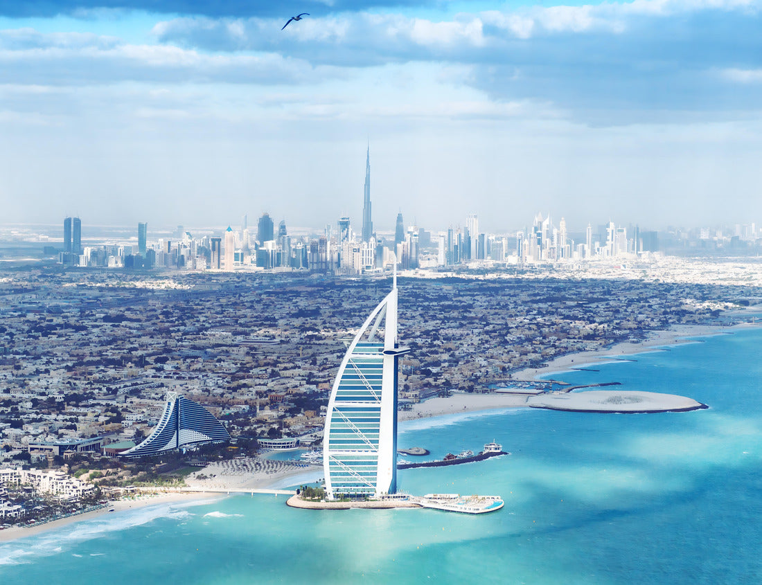 Noah Jigsaw Puzzle Aerial view of a blue sea surface water texture background and sun reflections Dubai seaside skyline and Burj Al Arab luxury hotel aerial view at sunrise 1000 pieces