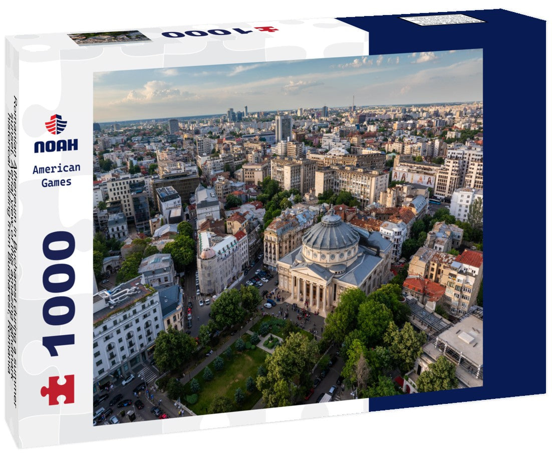 Romanian Atheneum in Bucharest during a summer sunset. Aerial view of this amazing landmark historical building from Bucharest, Romania, on Victoriei Avenue (Calea Victoriei) 1000pc Puzzle