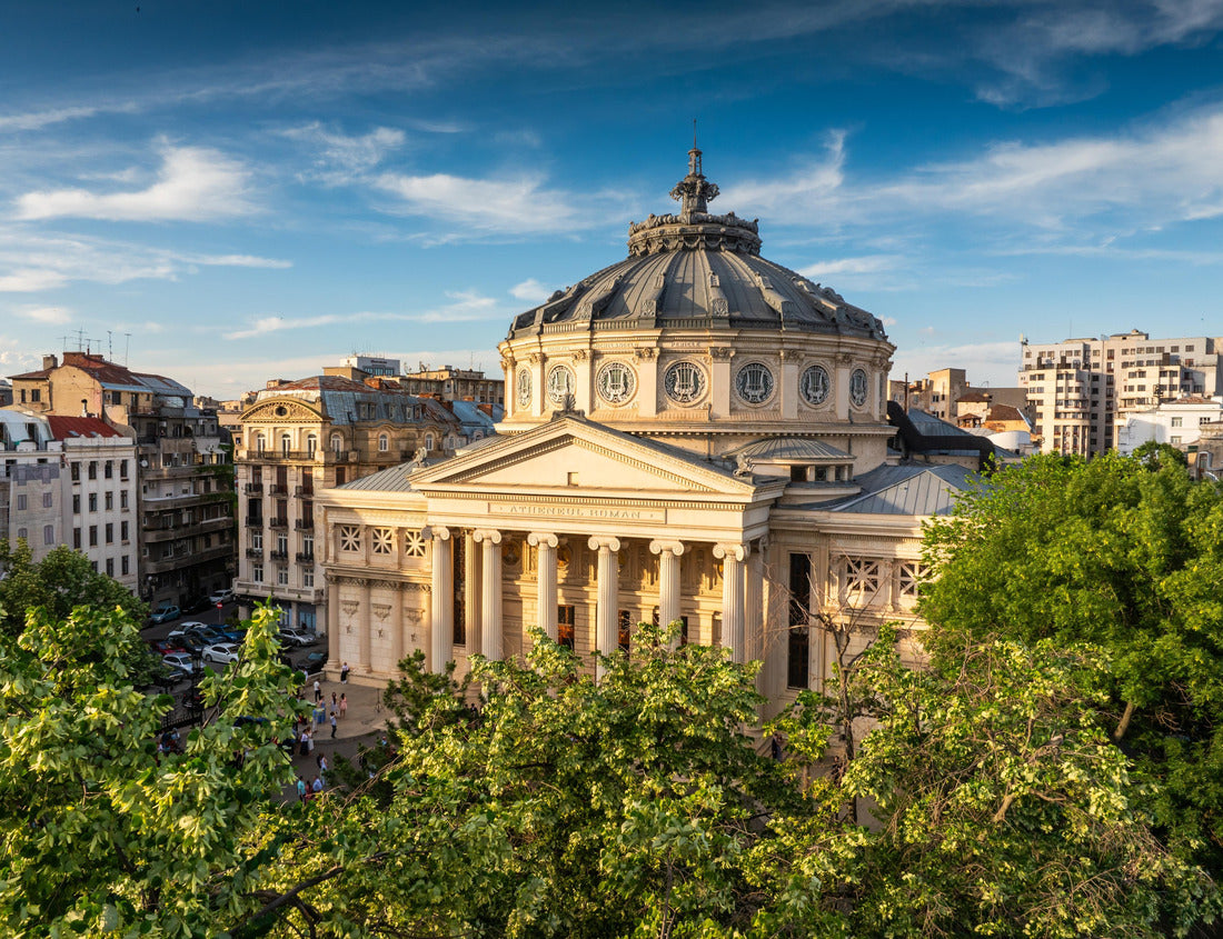 Romanian Atheneum in Bucharest during a summer sunset. Aerial view of this amazing landmark historical building from Bucharest, Romania, on Victoriei Avenue (Calea Victoriei) 1000pc Puzzle