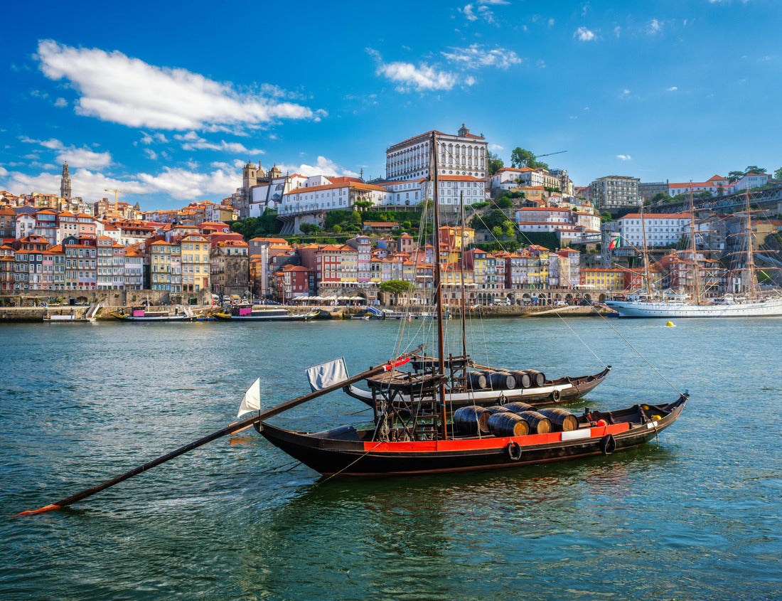 Porto city and Douro river with traditional boats with port wine barrels and sailing ship from famous tourist viewpoint Marginal de Gaia riverfront. Porto, Vila Nova de Gaia, Portugal 1000pc Puzzle