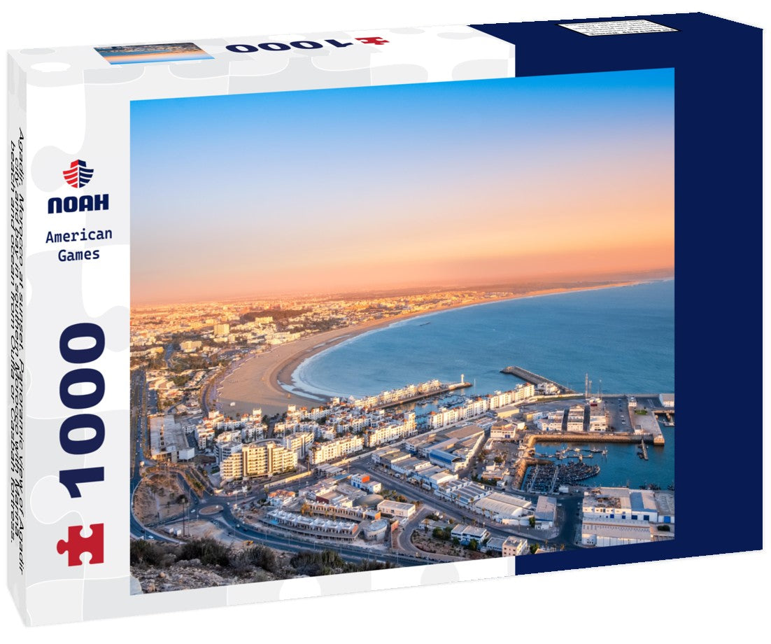 Noah Jigsaw Puzzle Agadir, Morocco at sunset. Panoramic view of Agadir city and bay in southern Morocco with Marina, beach and ocean from Oufla or Casbah fortress. Moroccan seaside resort on Atlantic coast in Africa 1000 pieces