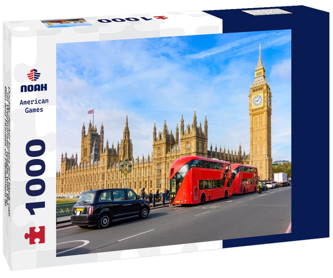 Noah Jigsaw Puzzle Double-decker buses and black cab on Westminster bridge with Big Ben and Houses of Parliament at background, London, UK 1000 pieces