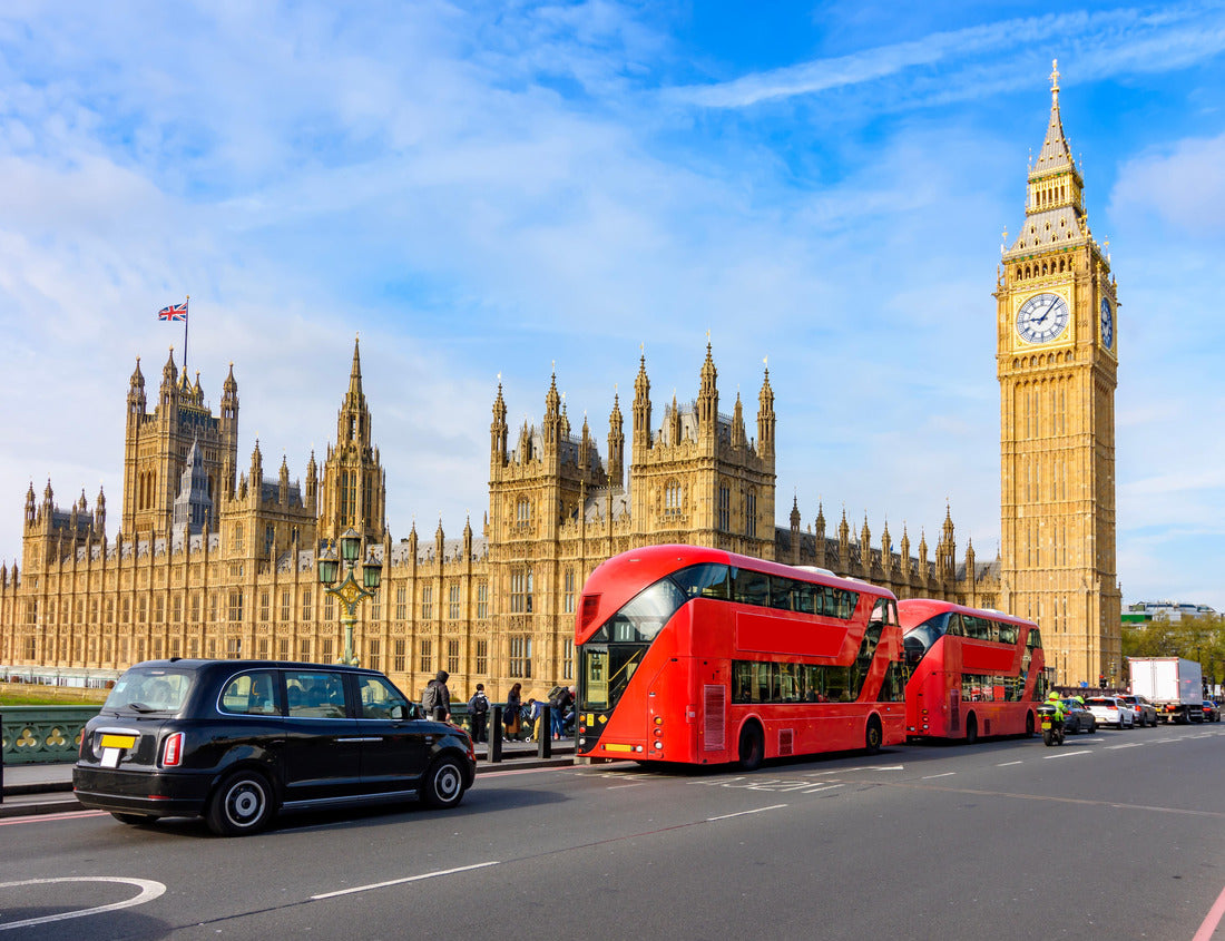 Noah Jigsaw Puzzle Double-decker buses and black cab on Westminster bridge with Big Ben and Houses of Parliament at background, London, UK 1000 pieces