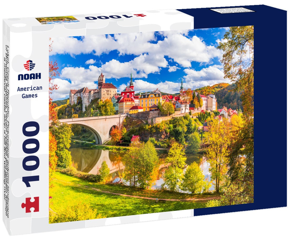 Noah Jigsaw Puzzle Loket, Czech Republic. Picturesque autumn landscape of Bohemia features vibrant orange and golden foliage, a medieval castle atop a hill and winding river 1000 pieces